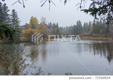 Snowing Policeman Creek Riverside Trail, Spring Creek Boardwalk in Late fall to early winter season. Town of Canmore, Alberta, Canada. 72569924