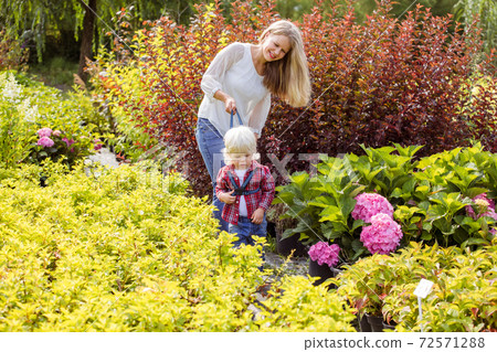 Mother teaches her son to walk in the garden 72571288