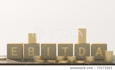 EBITDA word built with letter cubes on white background and stacked coins. 3d illustration 72571683