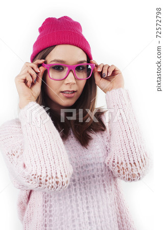 young pretty stylish hipster girl posing emotional isolated on white background happy smiling cool smile, lifestyle people concept 72572798