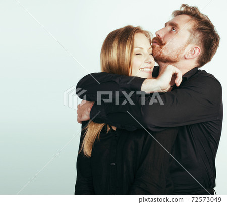 young tender couple, man and woman in love isolated on white, fooling around real modern hipster marriage, lifestyle people concept 72573049