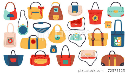 Womens handbags. Fashionable ladies accessories, shopper, tote, belt bag and clutch. Fashion leather and textile bags vector illustration set 72573125
