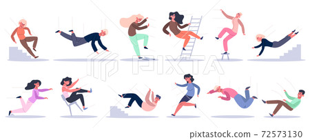 Falling people. Stumbling, slipping, falling down stairs, ladder and altitude characters. Bad luck people falling down vector illustration set 72573130