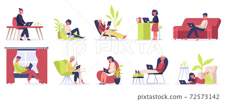Freelance working people. Young male and female freelancers work at home. Self employed convenient workplace vector illustration set 72573142