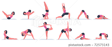 Yoga woman. Young female character doing yoga asanas, physical exercises for healthy lifestyle. Various yoga positions vector illustrations 72573143