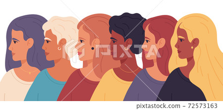 Women day. Female profile portraits, sisterhood diverse group, women empowerment movement vector illustration. Women profile faces 72573163