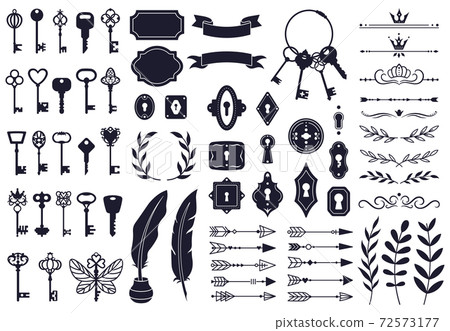 Keys decorative elements. Vintage old house door keys, antique keyholes, decorative borders, crowns, flowers and arrows vector illustration set 72573177