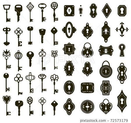 Keys and keyholes. Vintage house door keys and keyholes, decorative keys silhouettes vector illustration set. Antique and modern keys skeleton 72573179