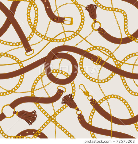 Chains and belts pattern. Leather belts, tassels, gold ring chains and straps backdrop. Belts and golden chains vector background illustration Chains and belts pattern. Leather belts, tassels, gold ring chains and straps backdrop. Belts and golden chains vector background illustration 72573208