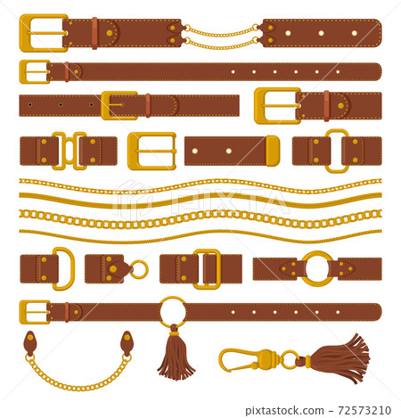 Belts and chains elements. Leather brown belts, gold ring straps, chains and metal buckles. Haberdashery leather accessories vector illustration Belts and chains elements. Leather brown belts, gold ring straps, chains and metal buckles. Haberdashery leather accessories vector illustration 72573210