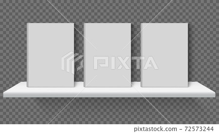 Realistic bookshelf mockup. White 3d books standing on shelves, book store, library or school bookshelf. Books on bookshelf vector illustration 72573244