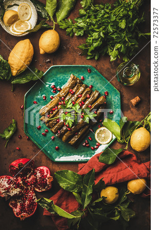 Flat-lay of Turkish Sarma wine leaves with rice Flat-lay of Turkish Sarma wine leaves with rice 72573377