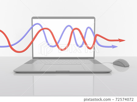 laptop on the reflective gray table, monitor with red blue schedule, work at home concept, workplace, 3d render 72574072
