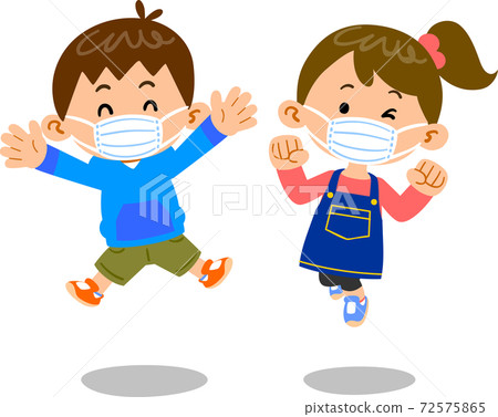 男性和女性兒童戴著面具跳 男性和女性兒童戴著面具跳 72575865