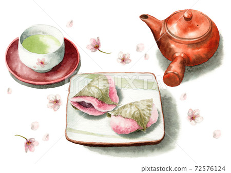 Two types of analog watercolor sakura mochi and tea 72576124