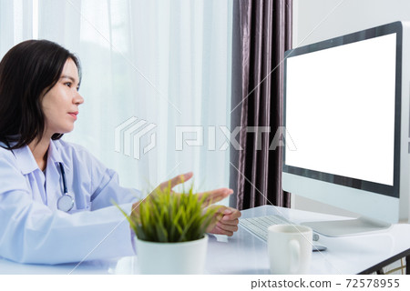 Woman doctor video call online raise hand to explain to patients Woman doctor video call online raise hand to explain to patients 72578955