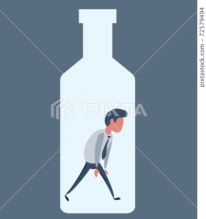 Alcohol and addiction, Young male character trapped inside a bottle, health problems 72579494