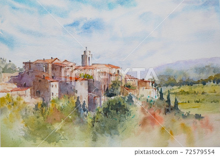 Small village in southern France watercolor landscape painting Small village in southern France watercolor landscape painting 72579554
