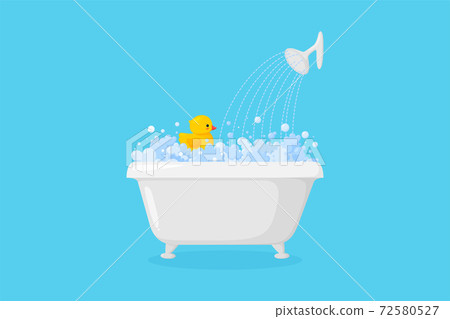 Bathtub with rubber duck with suds and shower. Yellow duck in bubbles and foam isolated in blue background. Vector illustration 72580527