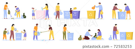 People waste sorting. Family with kids sorting recycling garbage, household activity, cleaning environment. Waste sorting vector illustration set 72583253