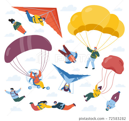 Skydiver sportsmen. Parachute extreme sport, sky jumpers, skydivers and paragliders. Parachute professional skydivers vector set 72583282