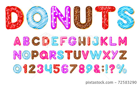 Donut alphabet. Sweet bakery donut font, pink, blue and red glazed chocolate donut letters and numbers. Donut tasty abc vector illustration set Donut alphabet. Sweet bakery donut font, pink, blue and red glazed chocolate donut letters and numbers. Donut tasty abc vector illustration set 72583290