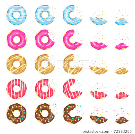 Donuts eating stages. Pink, yellow and blue glazed chocolate donuts, tasty donut animation progression. Eating dessert scale vector illustrations Donuts eating stages. Pink, yellow and blue glazed chocolate donuts, tasty donut animation progression. Eating dessert scale vector illustrations 72583293