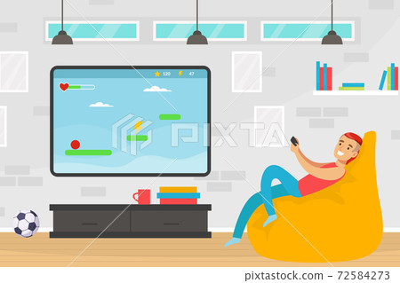 Young Man Sitting in Cozy Armchair and Playing Video Games on Game Console at Home Cartoon Vector Illustration Young Man Sitting in Cozy Armchair and Playing Video Games on Game Console at Home Cartoon Vector Illustration 72584273
