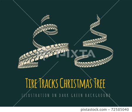 New Year tree made of tire tracks twisted in a spiral shape. Vector 3d illustration on a dark green background. 72585040