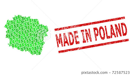 Scratched Made in Poland Stamp Imitation and Green Customers and Dollar Mosaic Map of Kujawy-Pomerania Province 72587523