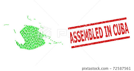 Scratched Assembled in Cuba Stamp Imitation and Green Men and Dollar Mosaic Map of Juventud Island 72587561