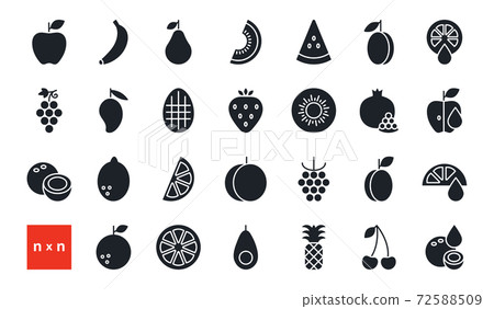 Set of vector icons. Fruits and berries. Black isolated silhouette. Fill solid icon. Modern minimalistic design. 72588509