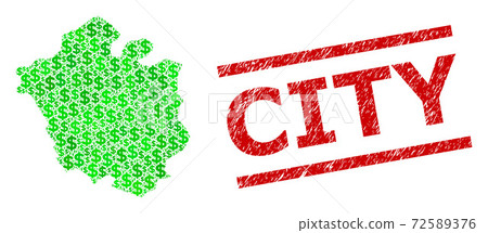 Textured City Stamp Print and Green Men and Dollar Mosaic Map of Chandigarh City 72589376