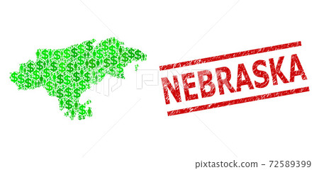 Grunge Nebraska Stamp Seal and Green Men and Dollar Mosaic Map of Cantabria Province 72589399