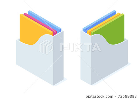 Isometric office paper tray with colorful folders and file document. Isometric office paper tray with colorful folders and file document. 72589888