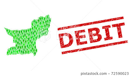 Grunge Debit Stamp Print and Green Customers and Dollar Mosaic Map of Balochistan Province 72590023