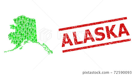 Textured Alaska Watermark and Green Men and Dollar Mosaic Map of Alaska State 72590093