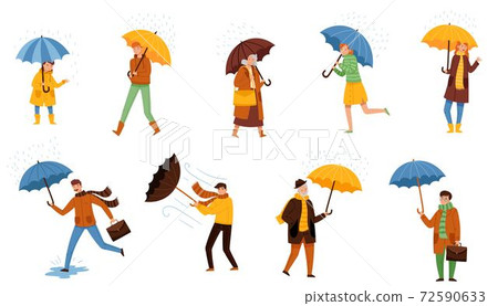 Walking Under Umbrella People Characters in Rainy Day Vector Illustration Set 72590633