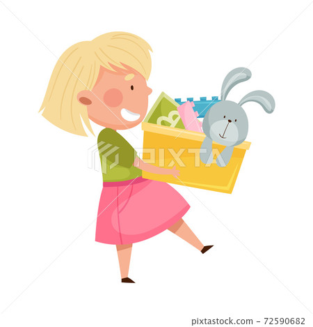 Red Cheeked Girl Carrying Box with Different Toys in Playroom Vector Illustration Red Cheeked Girl Carrying Box with Different Toys in Playroom Vector Illustration 72590682