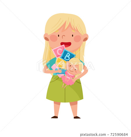 Red Cheeked Girl Holding Pile of Different Toys in Playroom Vector Illustration Red Cheeked Girl Holding Pile of Different Toys in Playroom Vector Illustration 72590684