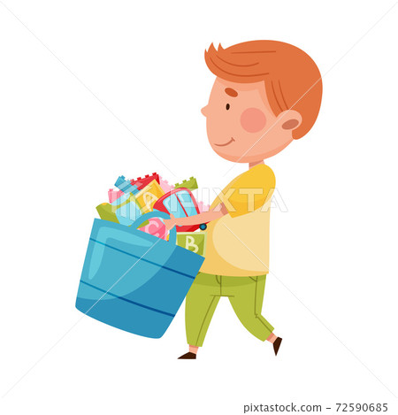 Cute Boy Carrying Bucket with Different Toys in Playroom Vector Illustration Cute Boy Carrying Bucket with Different Toys in Playroom Vector Illustration 72590685