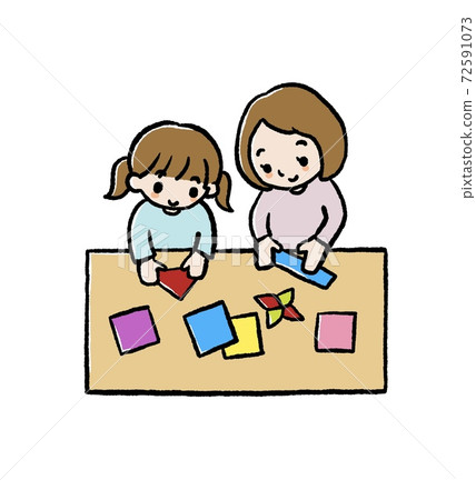 Illustration of parent and child doing origami 72591073