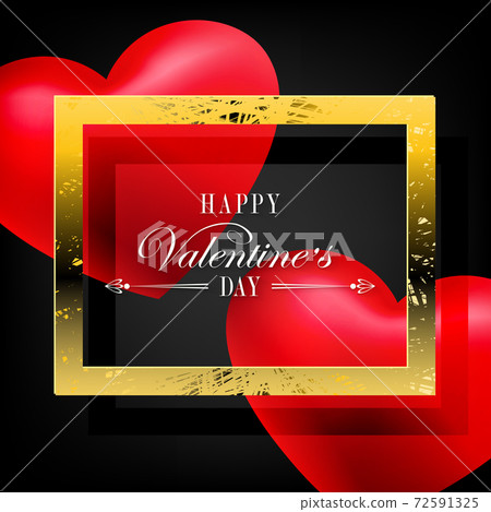 Black design, textured square frame in gold color, two red hearts Black design, textured square frame in gold color, two red hearts 72591325