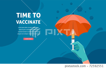 Vaccination concept design. Time to vaccinate banner. Umbrella-shaped syringe with vaccine for COVID 72592551