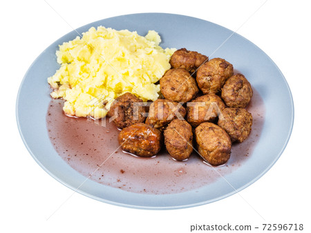 meatballs with and mashed potatoes on blue plate meatballs with and mashed potatoes on blue plate 72596718