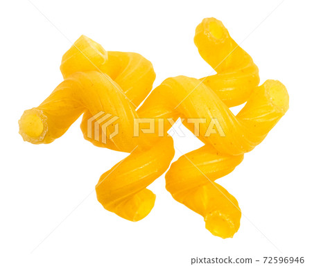 three dried Cavatappi pasta close up isolated 72596946