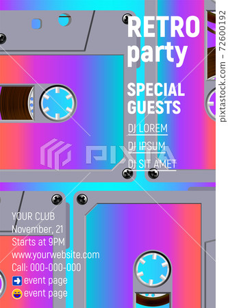 Compact cassette poster with vibrant retro 80s styled party invitation 72600192