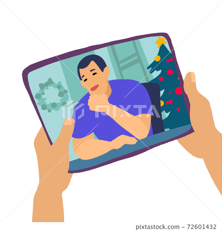 Hand with gadget. Holidays chatting with friends or family online. Hand with gadget. Holidays chatting with friends or family online. 72601432