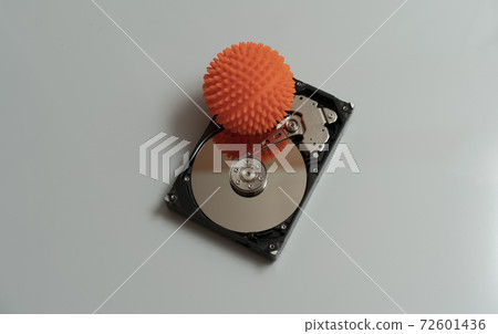 Concept, data infected by a virus. Disassembled hard drive with virus Concept, data infected by a virus. Disassembled hard drive with virus 72601436