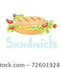 Sandwich clipart fastfood. Cartoon flat icon. Take away or lunch stock symbol. Classic french sandwich with butter, cheese, tomato, lettuce. Nutritious breakfast. Design element for menu, cafe, web. 72601928